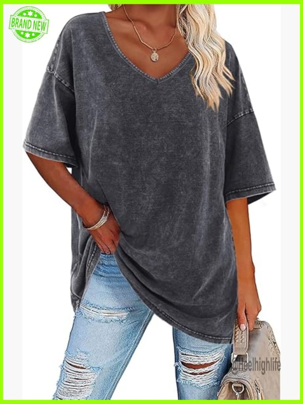 Oversized Cotton V-Neck Tunic Top Loose Fit Short Sleeve Casual Tee
